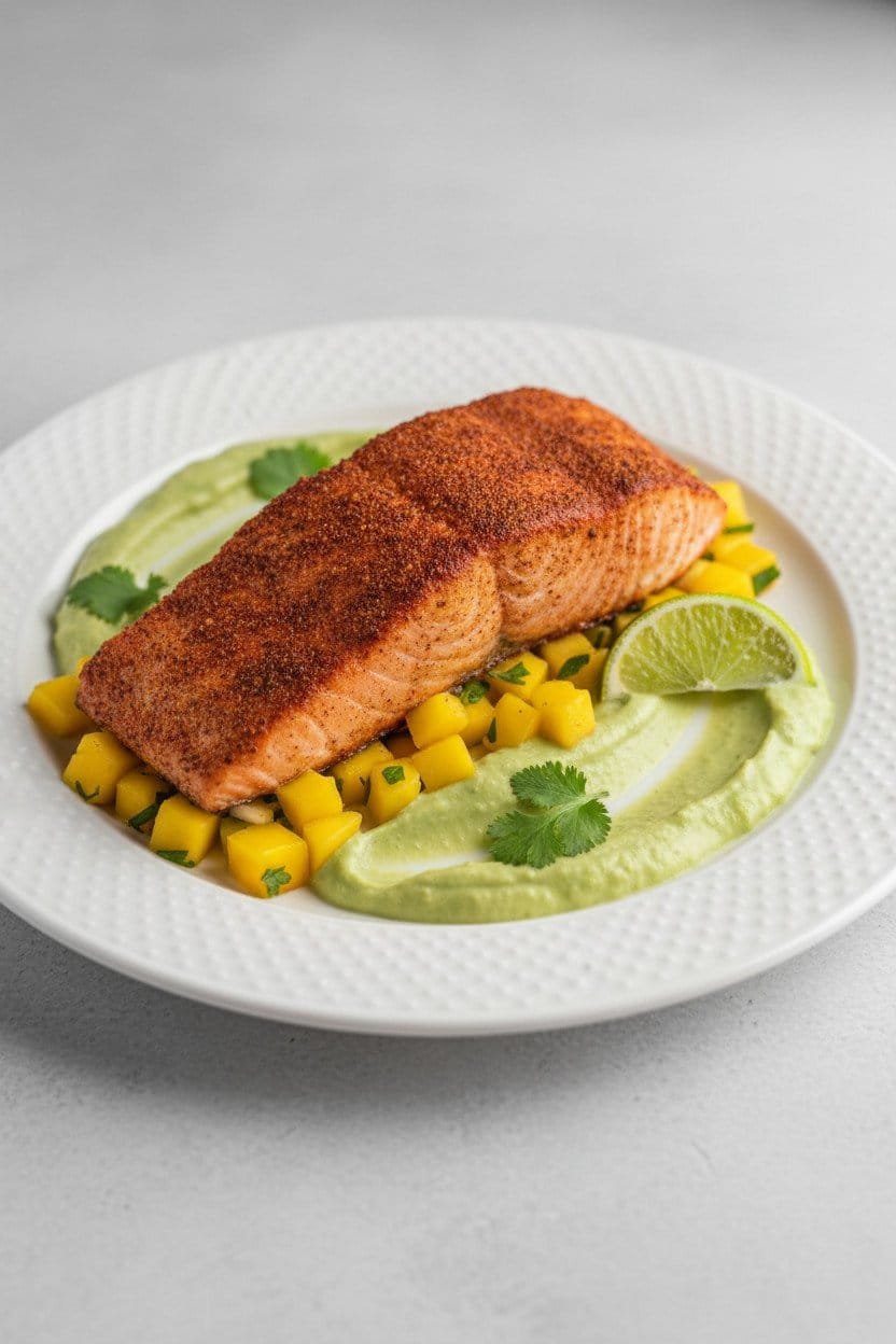 Baked Cajun Salmon with Creamy Avocado Lime Sauce serving photo