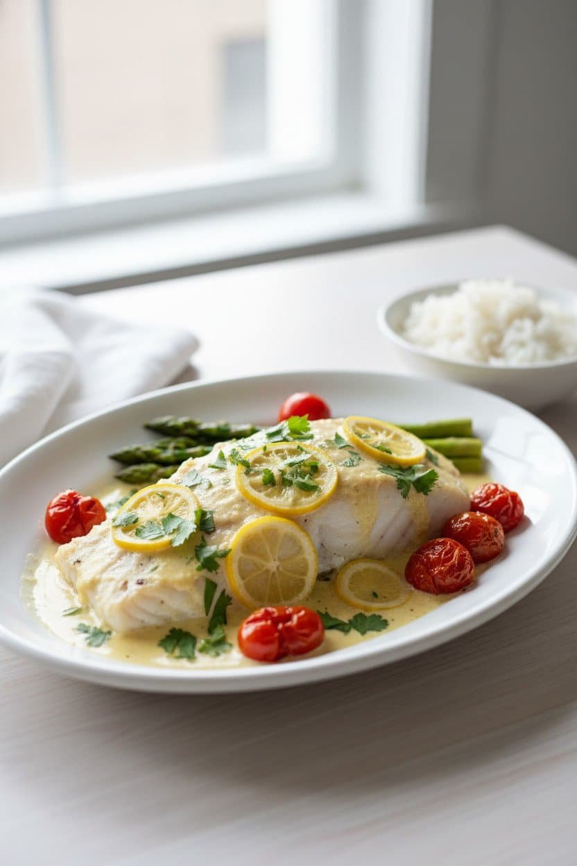Baked Cod in Coconut Lemon Cream Sauce serving photo