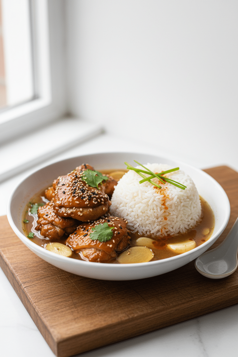 Caramelized Soy Chicken in Garlic Ginger Broth with Rice serving photo