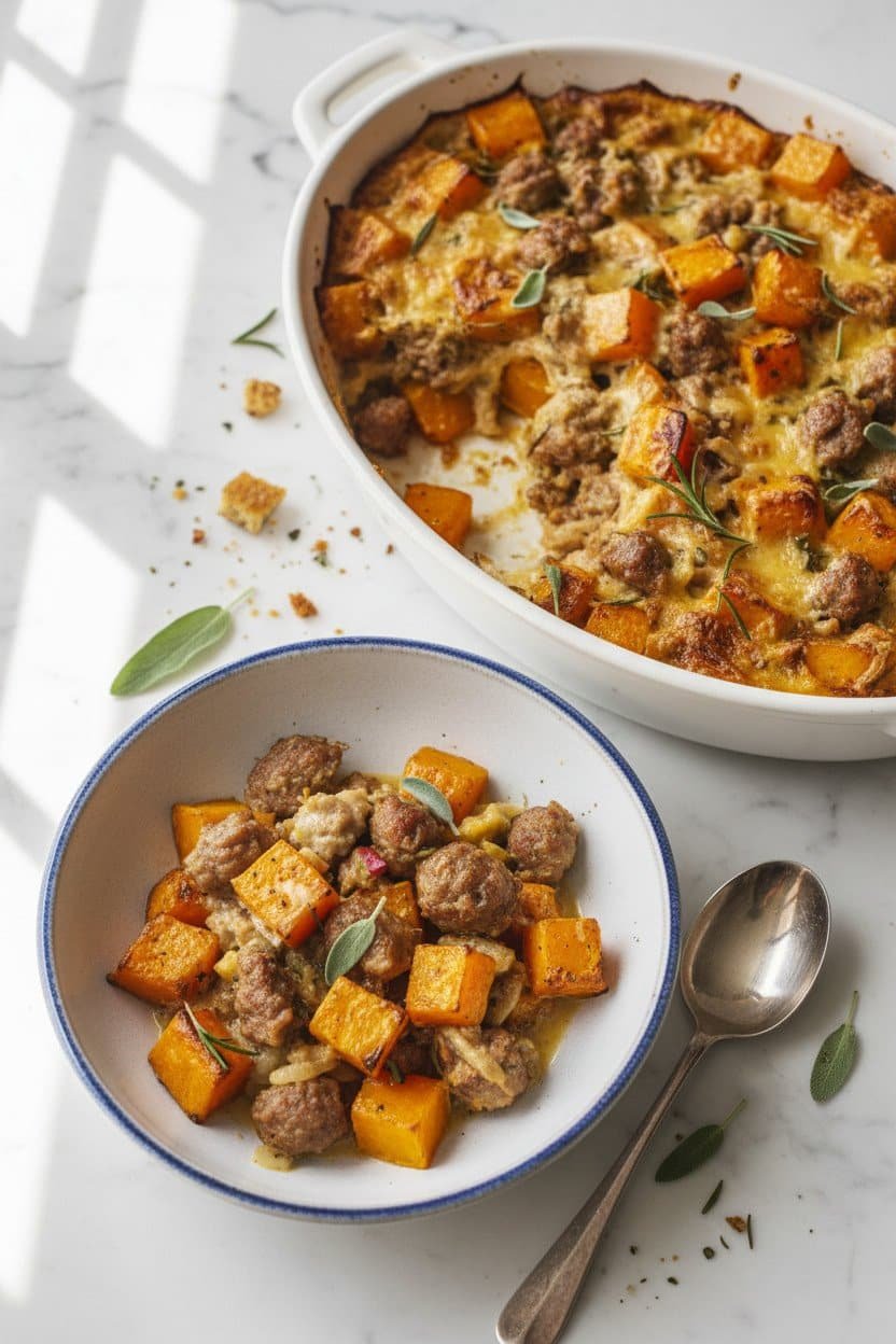 Cozy Butternut Squash & Sausage Casserole serving photo