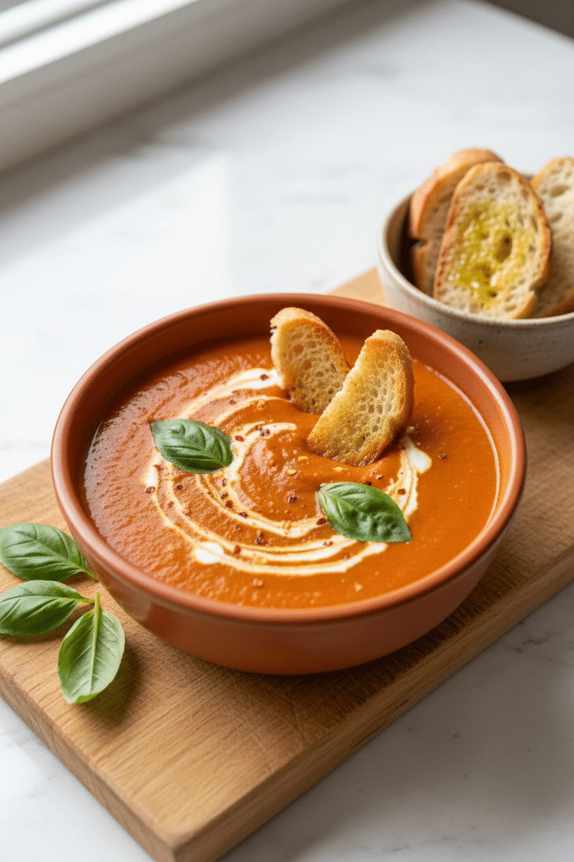 Creamy Tomato Basil Soup serving photo