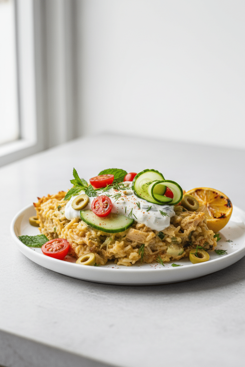 Dump-and-Bake Chicken Tzatziki Casserole serving photo