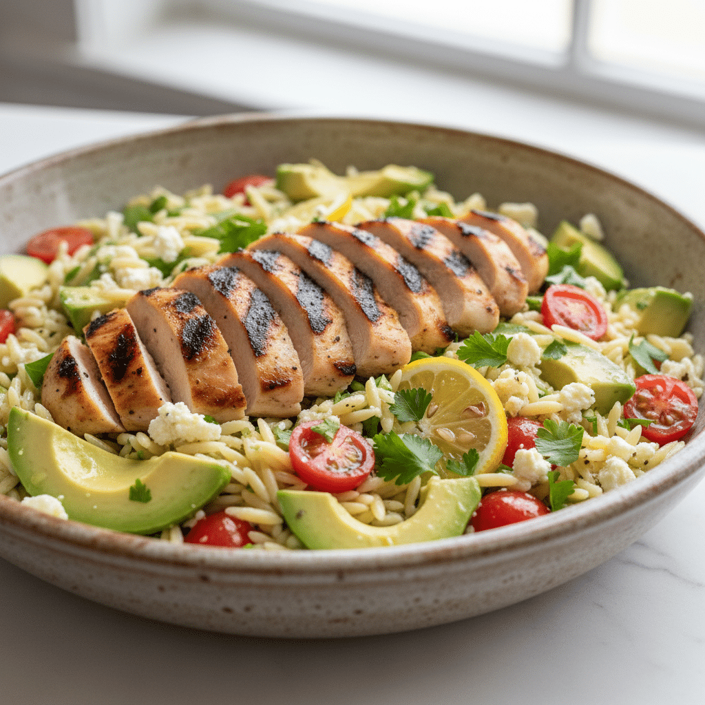 Grilled Chicken Orzo Salad with Avocado (Easy Lunch)