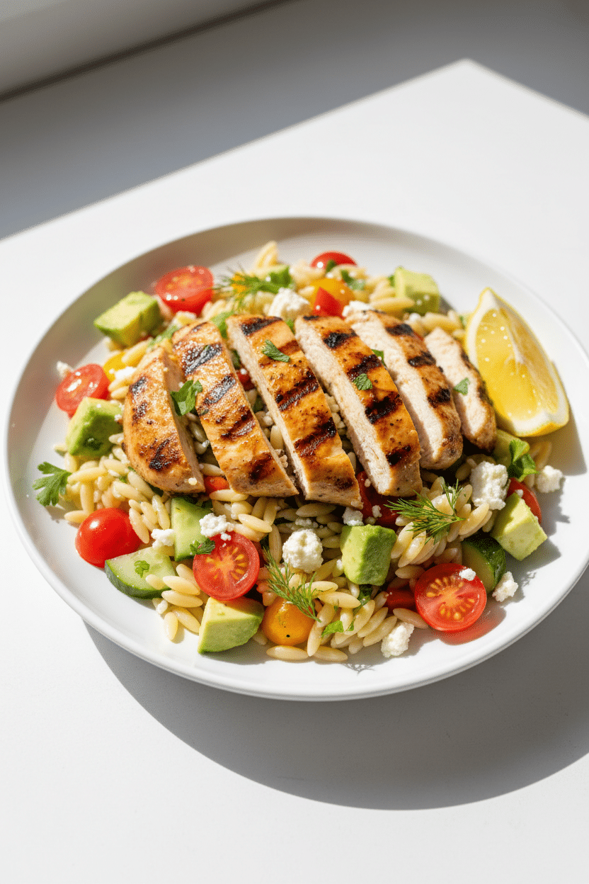 Grilled Chicken Orzo Salad with Avocado serving photo