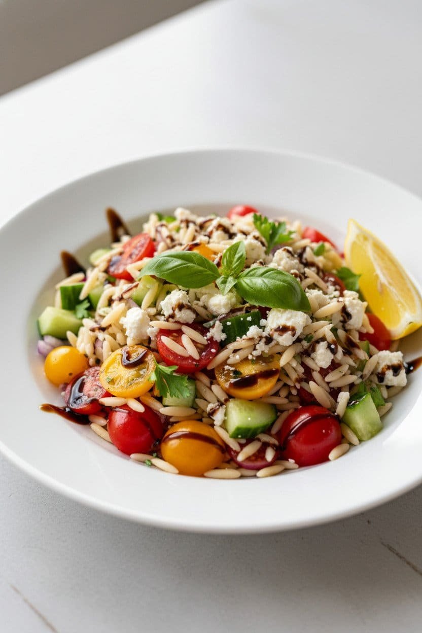 Healthy Balsamic Orzo Salad serving photo
