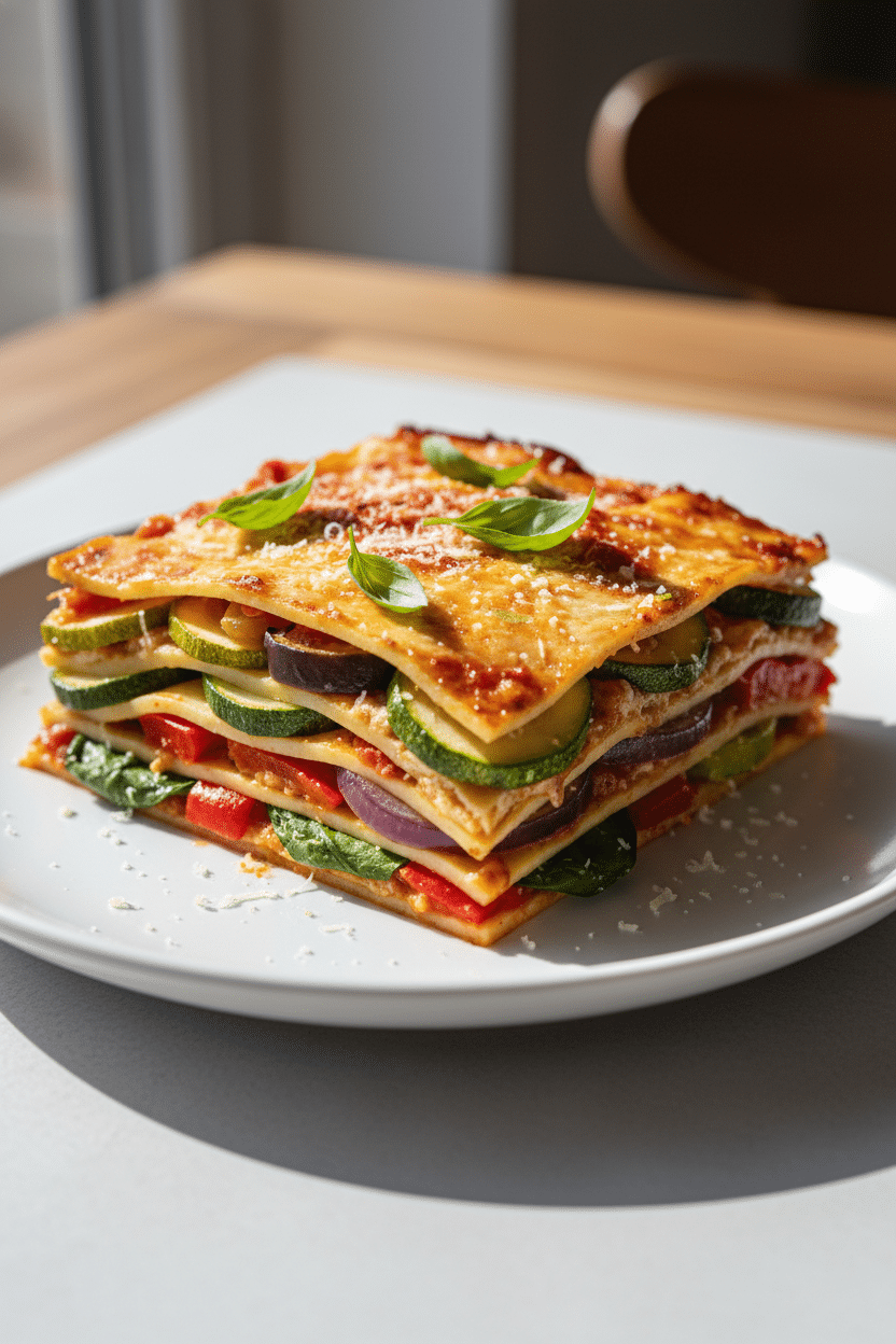 Layered Mediterranean Vegetable Lasagna serving photo