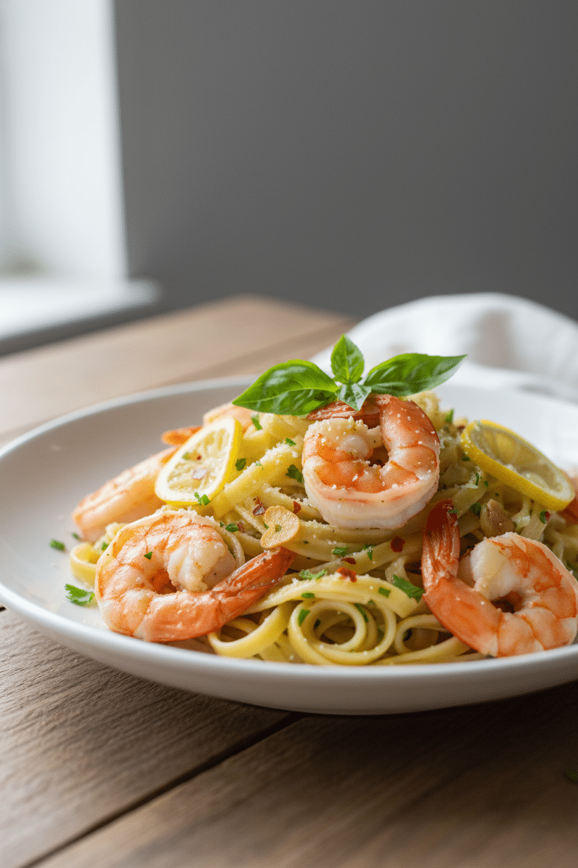 Lemon Garlic Shrimp Pasta serving photo