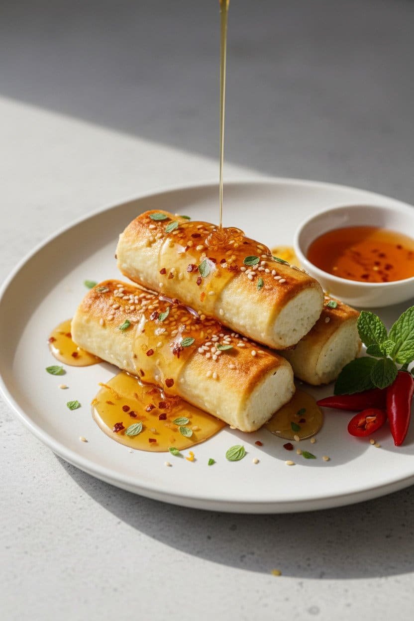 Oven-Fried Feta Rolls with Chili Honey serving photo