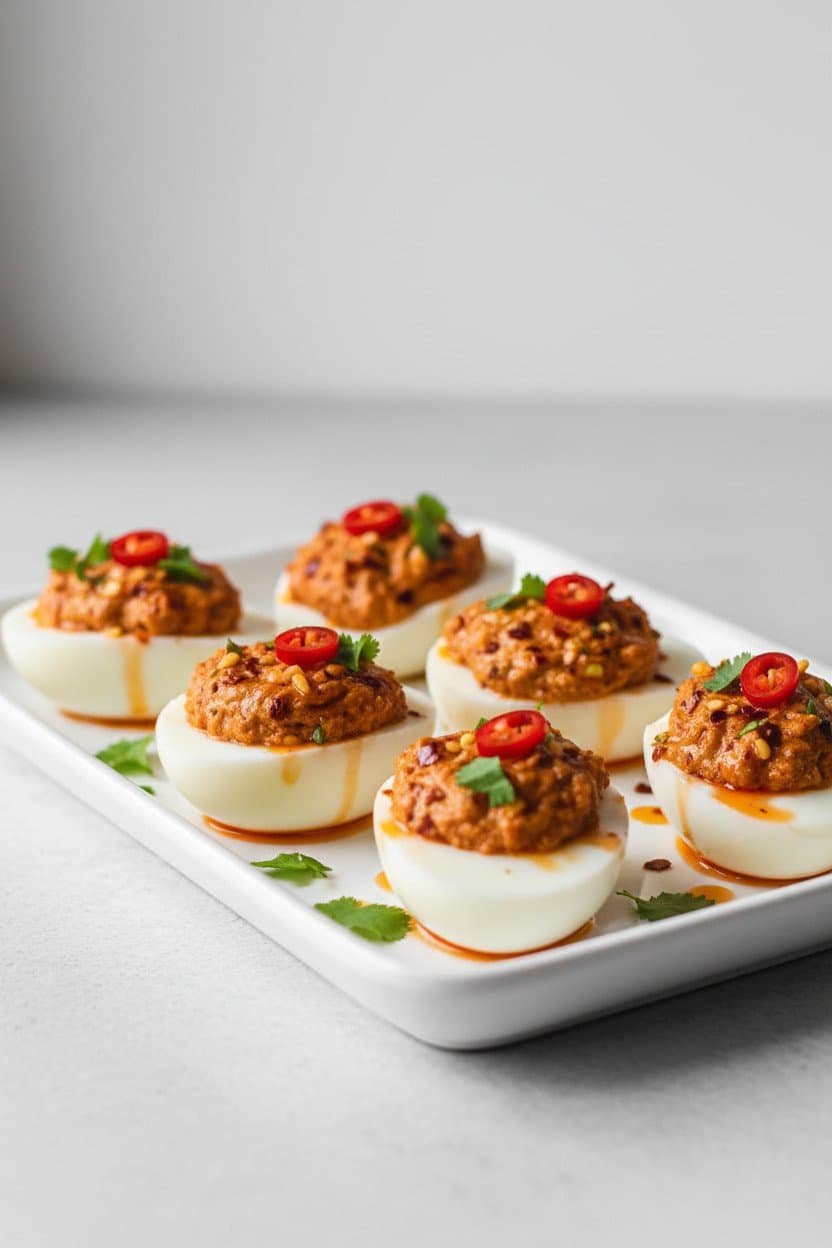 Spicy Chili Garlic Deviled Eggs serving photo