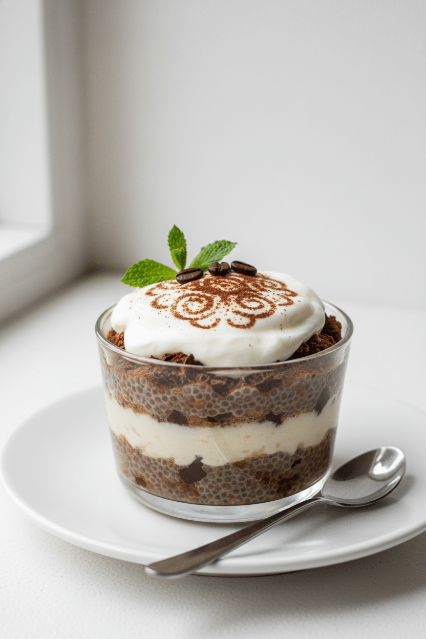 Tiramisu Chia Pudding with Greek Yogurt serving photo