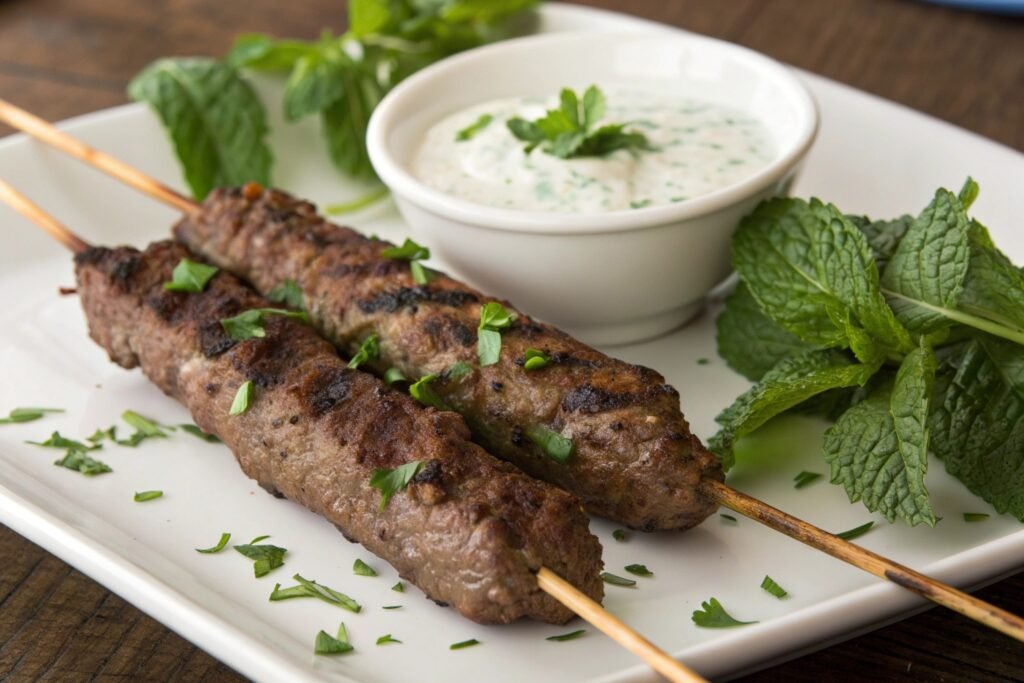 halal beef kafta skewers with mint yogurt sauce 1