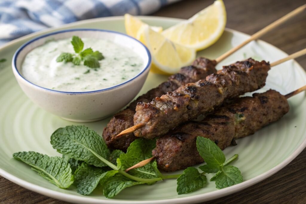 halal beef kafta skewers with mint yogurt sauce