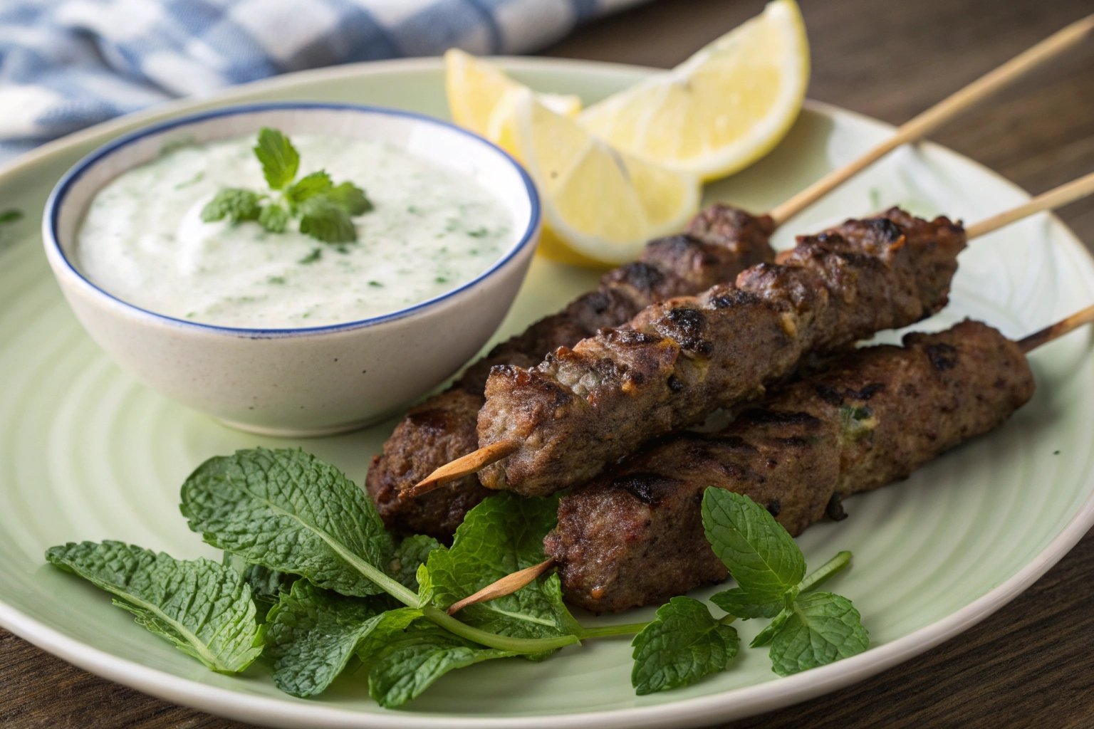 halal beef kafta skewers with mint yogurt sauce