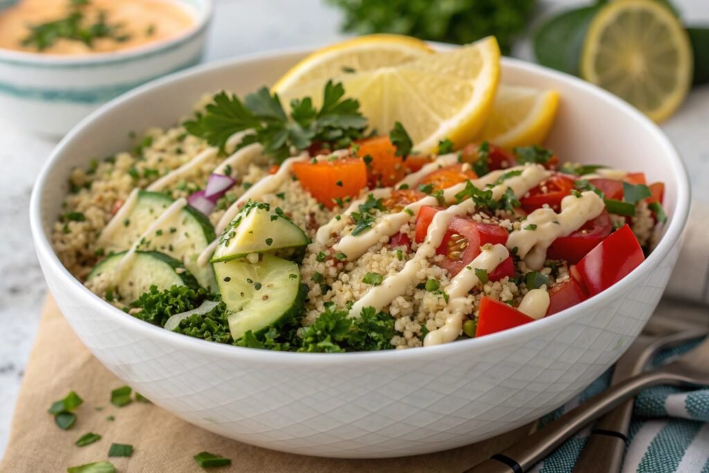 mediterranean quinoa bowl with tabbouleh and tahin