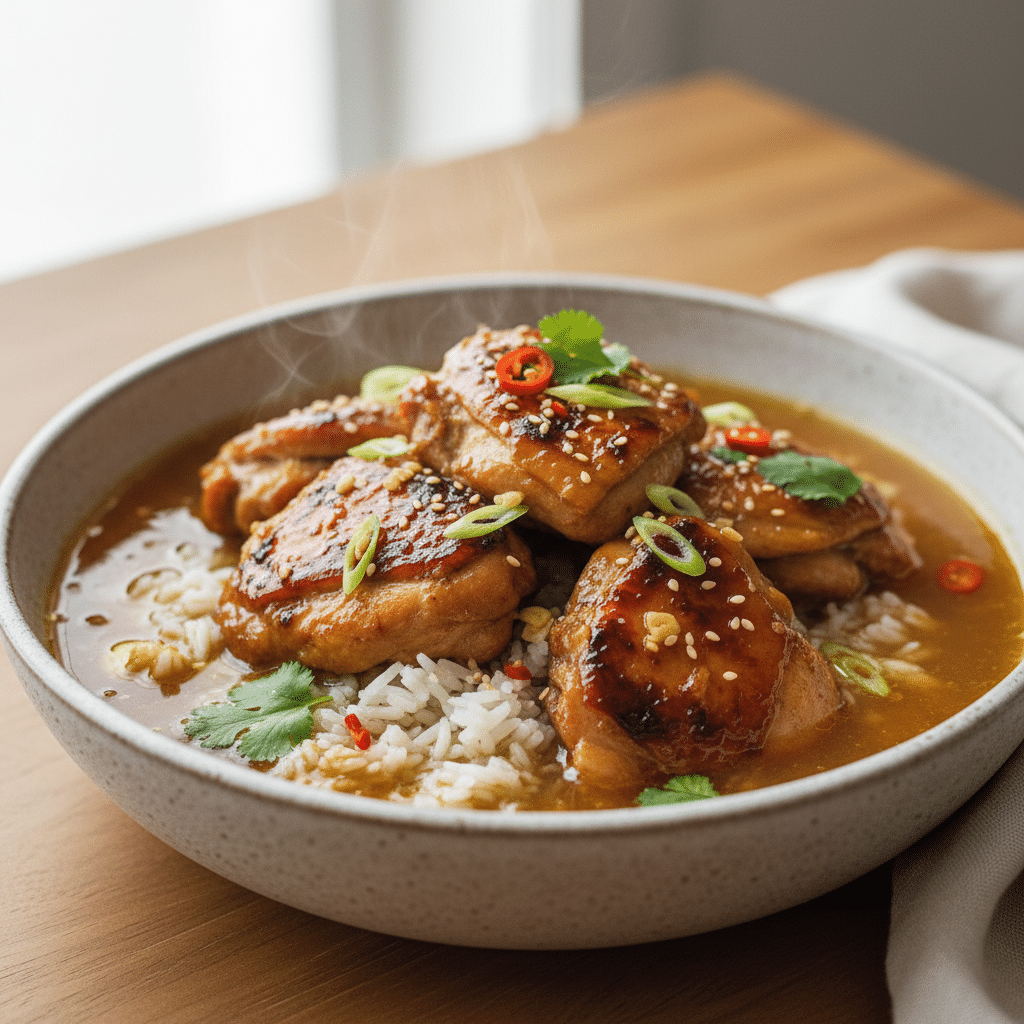 Caramelized Soy Chicken in Garlic Ginger Broth with Rice
