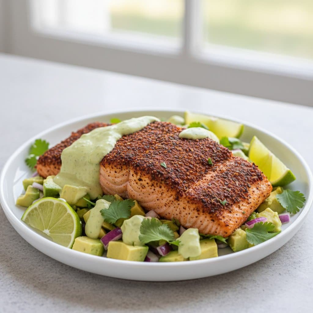 Baked Cajun Salmon with Creamy Avocado Lime Sauce