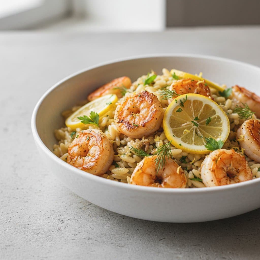 Lemon Garlic Shrimp Orzo